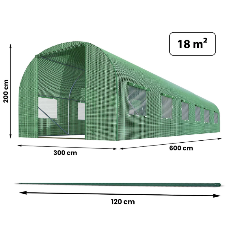 Парник Plonos 18m2 с вентиляционными окнами 600х300х200 см (зелёный) 4918-В