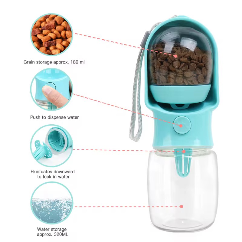 Дорожная Поилка Для Собак с Отсеком Для Корма 180 мл 2в1 Портативная Прогулочная Бутылочка 320 мл Розовая