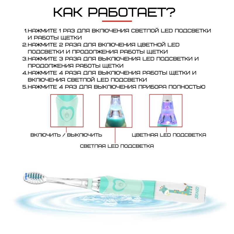 Детская Электрическая Зубная Щетка Звуковая с LED Подсветкой Seago SG977 Голубая