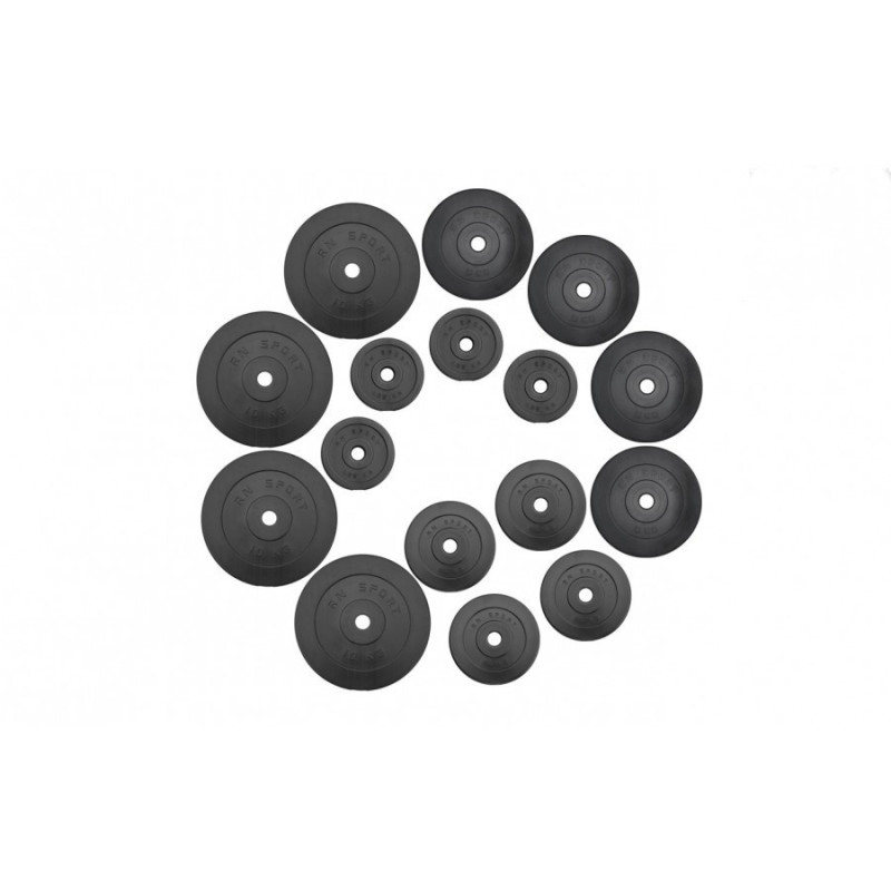 75 кг (4 по 10, 4 по 5, 4 по 2.5, 4 по 1.25) блинов на штангу покрытых пластиком (31 мм)