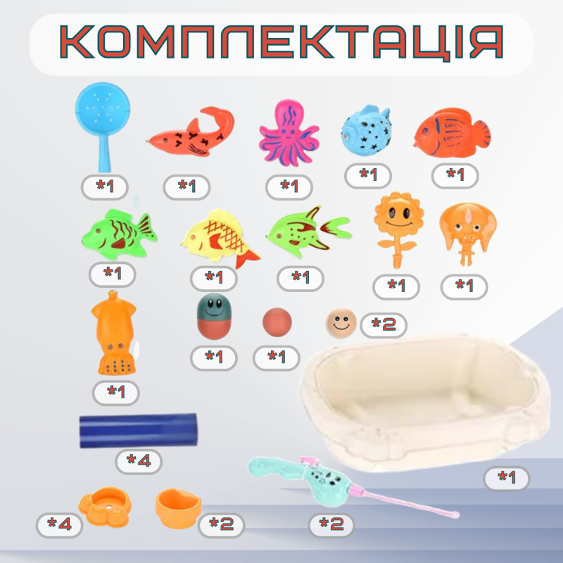 Детская Интерактивная Игра Рыбалка Магнитная Переносная для Двоих 2 Удочки 28 Предметов Белая