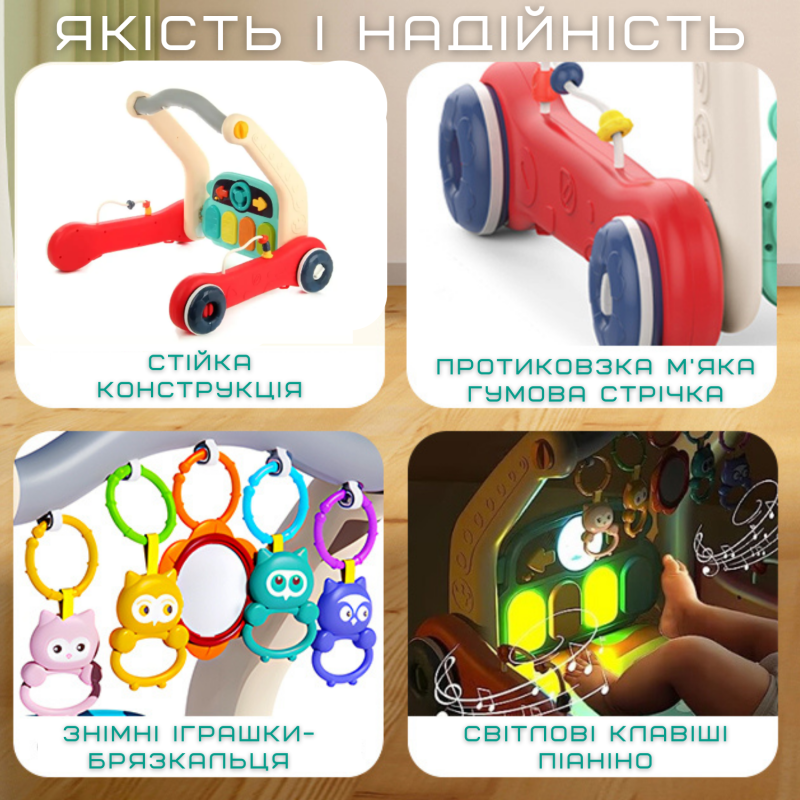 Детский Многофункциональный Развивающий Коврик Ходунки 2в1 с Музыкой + Съёмное Пианино + Погремушки для Самых Маленьких