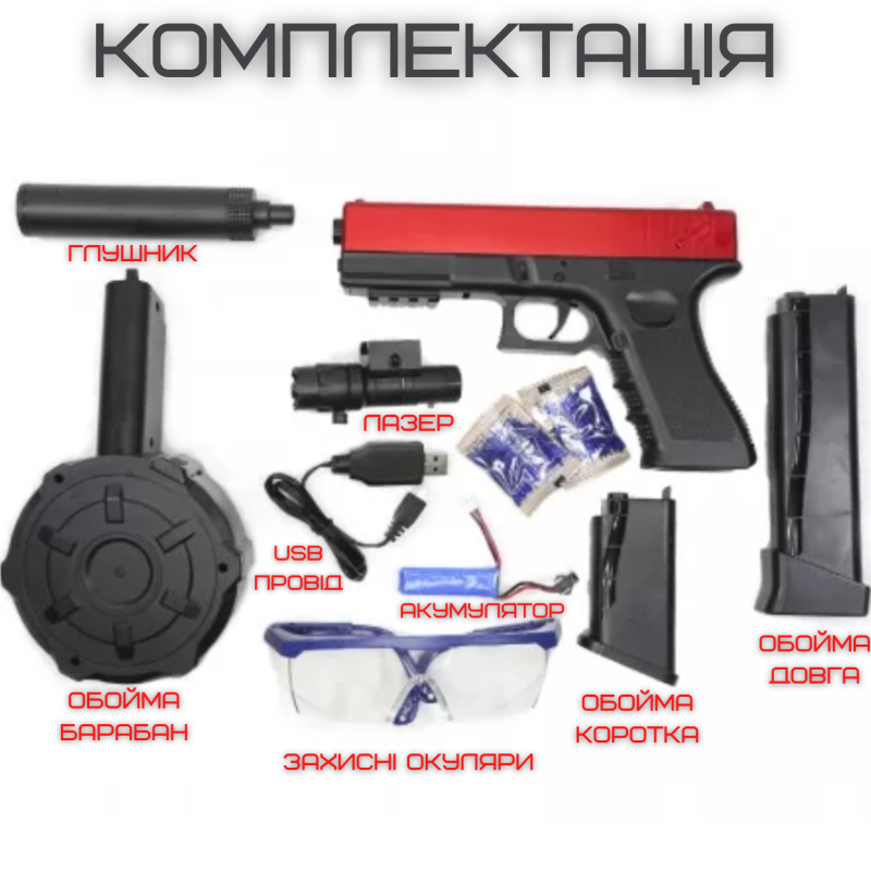 Игрушечное Оружие Детское Гель Бластер Орбиган Глок на Орбизах + Глушитель + Фонарик + 2 Обоймы и Барабан