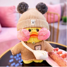 Утка Лалафанфан в Очках Большая Жёлтая Cafe Mimi в Коричневой Шапке с Сумочкой 30 см