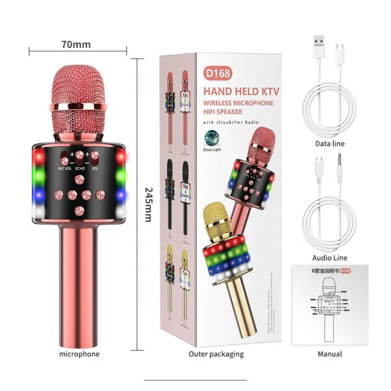 Беспроводной Караоке Микрофон Bluetooth с LED Подсветкой Функциями Смены Голоса Дуета и Selfie для Детей KTV D168 Золотой