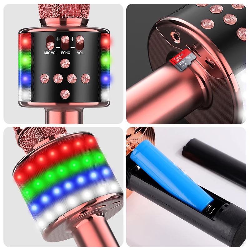 Беспроводной Караоке Микрофон Bluetooth с LED Подсветкой Функциями Смены Голоса Дуета и Selfie для Детей KTV D168 Золотой