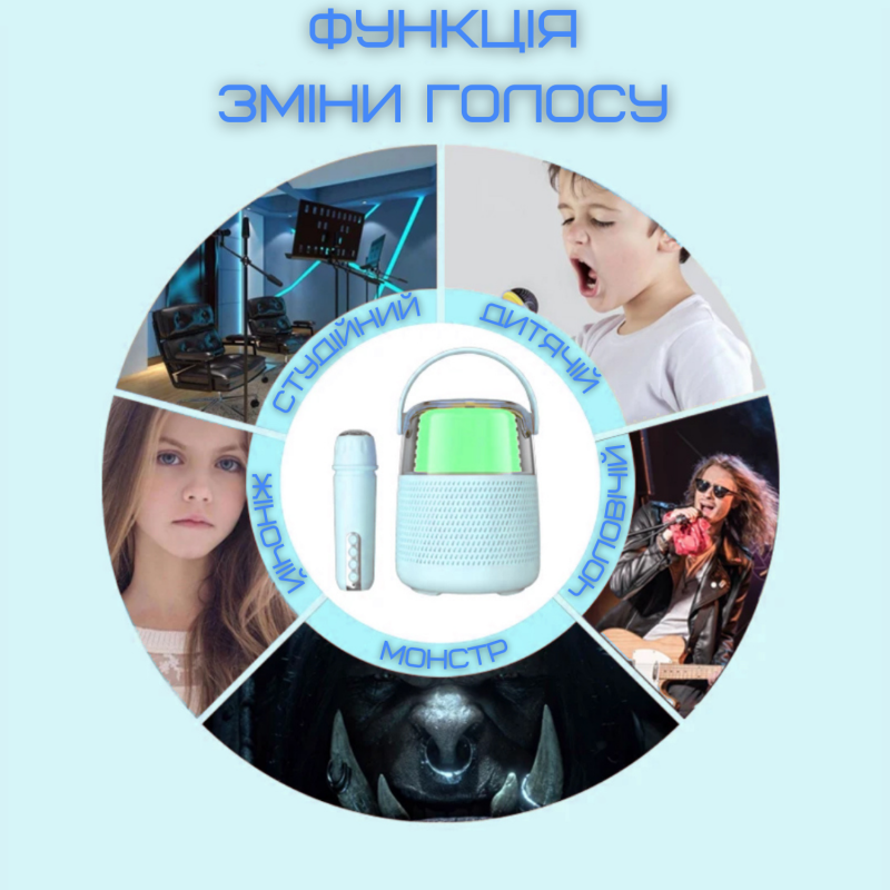 Портативная Детская Мини Караоке Система Для Дома Блютуз Колонка с Беспроводным Микрофоном и LED Подсветкой Y1 Розовая