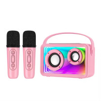 Портативная Мини Караоке Колонка Y15 С Bluetooth И LED Подсветкой + Два Беспроводных Микрофона И Функцией Изменения Голоса Розовая