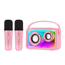 Портативная Мини Караоке Колонка Y15 С Bluetooth И LED Подсветкой + Два Беспроводных Микрофона И Функцией Изменения Голоса Розовая