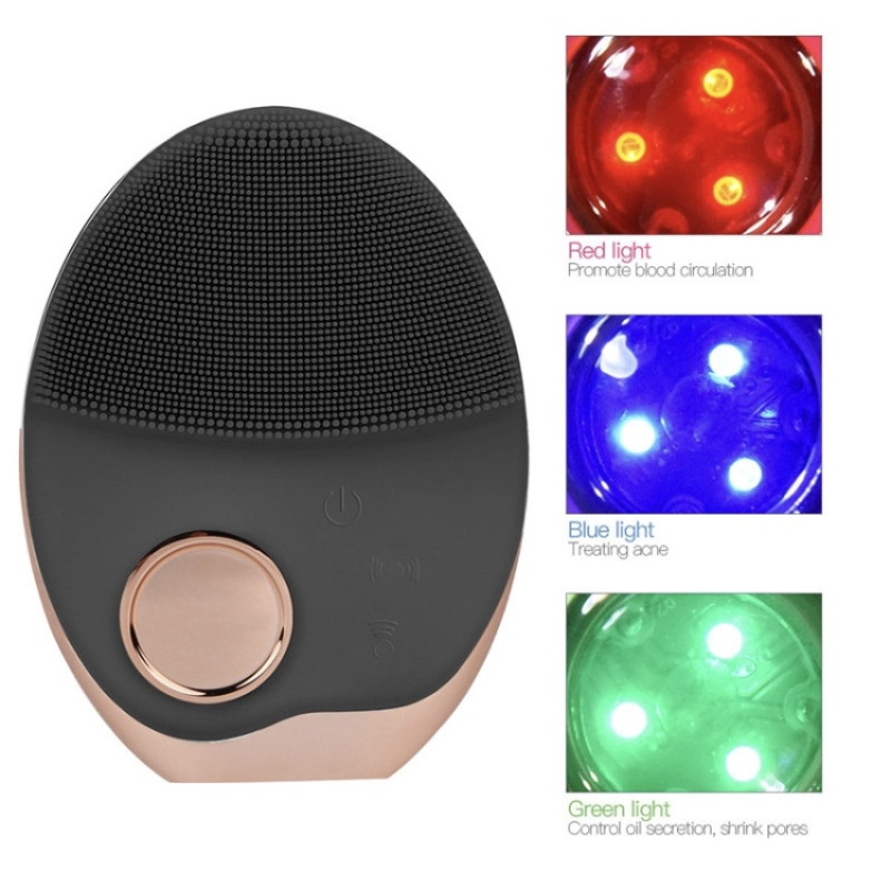 Ультразвуковая Электрическая Силиконовая Щетка Массажер Для Лица с Функцией Фототерапии Черная