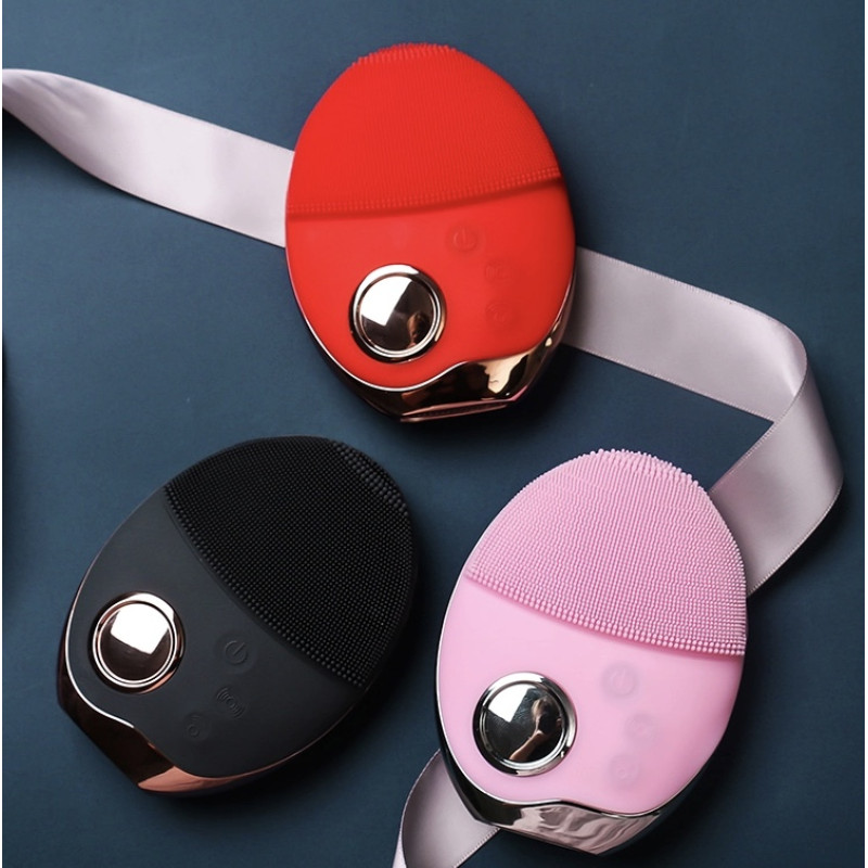 Ультразвуковая Электрическая Силиконовая Щетка Массажер Для Лица с Функцией Фототерапии Розовая