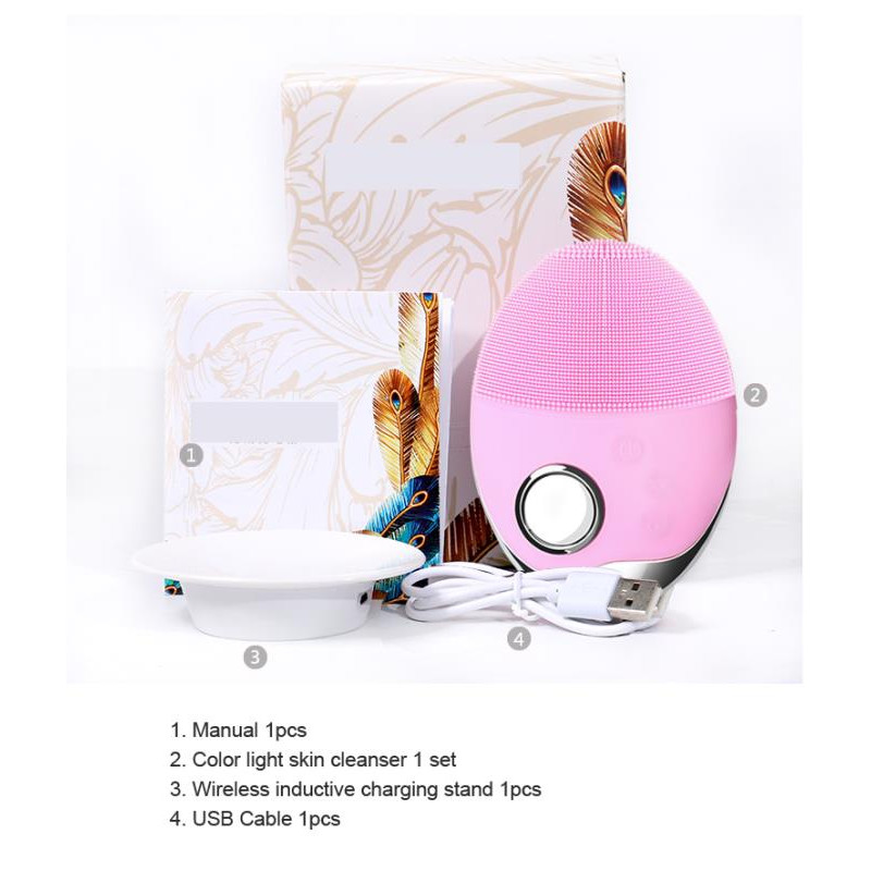 Ультразвуковая Электрическая Силиконовая Щетка Массажер Для Лица с Функцией Фототерапии Розовая