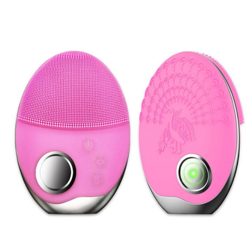 Ультразвуковая Электрическая Силиконовая Щетка Массажер Для Лица с Функцией Фототерапии Розовая