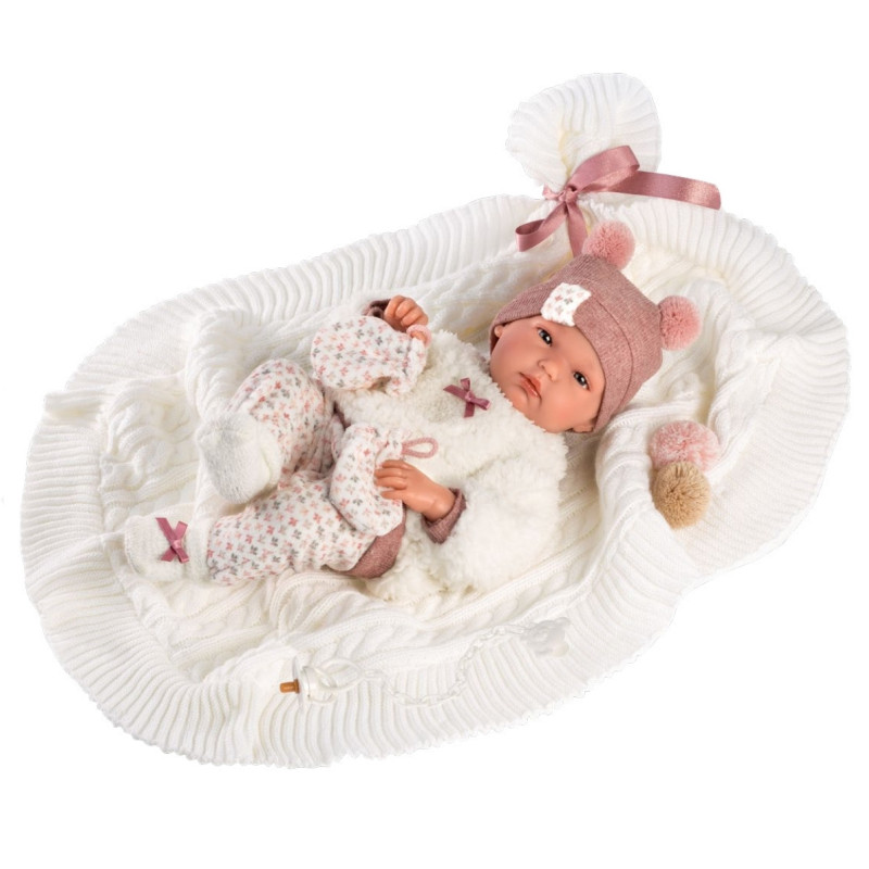 Виниловая Испанская Новорожденная Кукла Пупс 35 см Llorens Мягкая Силиконовая Девочка в Шапке и с Пледом