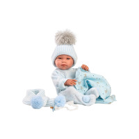 Испанская Кукла Ллоренс Новорождённый Виниловый Анатомический Пупс Мальчик Toni 42 см в Голубой Одежде с Пледом и Соской LLorens