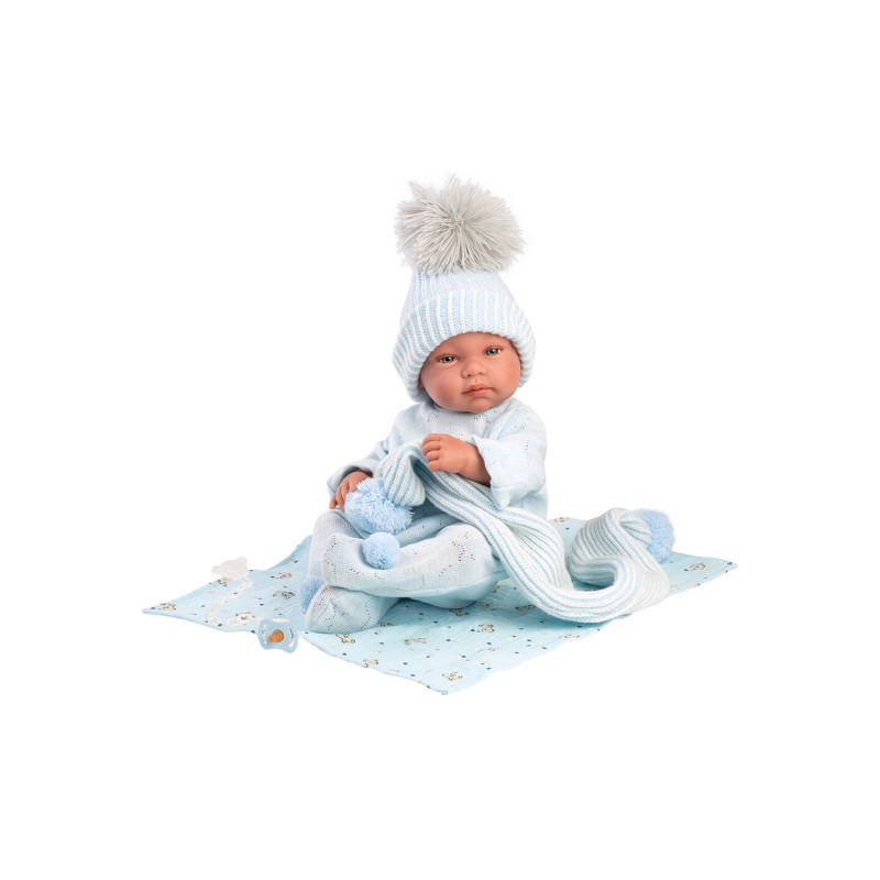 Испанская Кукла Ллоренс Новорождённый Виниловый Анатомический Пупс Мальчик Toni 42 см в Голубой Одежде с Пледом и Соской LLorens