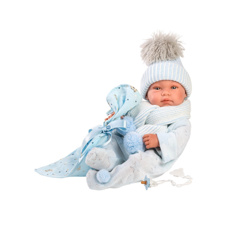 Испанская Кукла Ллоренс Новорождённый Виниловый Анатомический Пупс Мальчик Toni 42 см в Голубой Одежде с Пледом и Соской LLorens