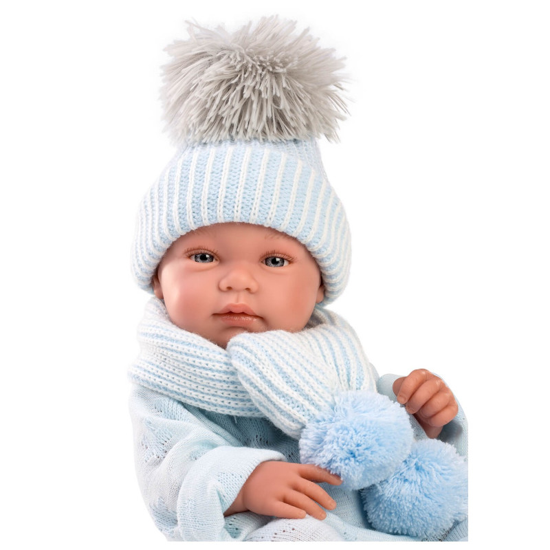 Испанская Кукла Ллоренс Новорождённый Виниловый Анатомический Пупс Мальчик Toni 42 см в Голубой Одежде с Пледом и Соской LLorens