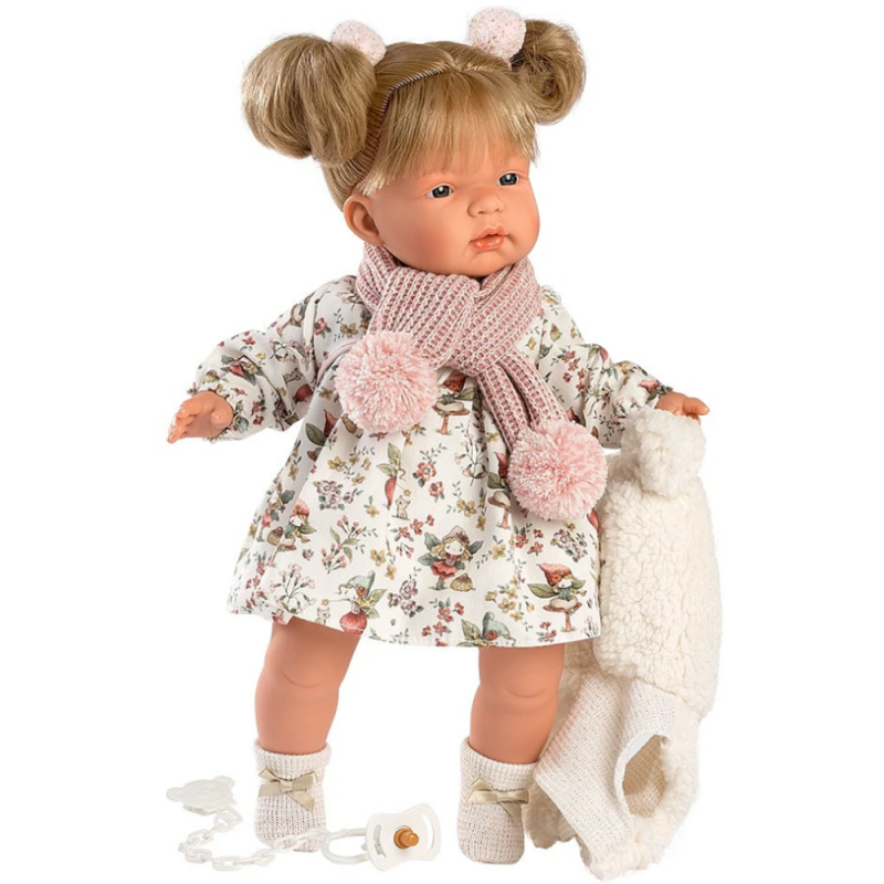 Испанская Кукла с Механизмом Llorens Плачет и Зовет Маму и Папу Виниловая Кукла Лоренс Девочка 38 см в Платье и с Хвостиками