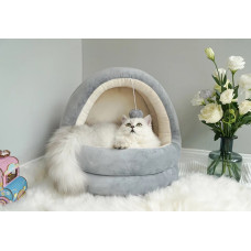 Домик Для Кошек с Игрушкой 42 см Глубокая Мягкая Лежанка Кровать с Внутренней Подушкой Серая