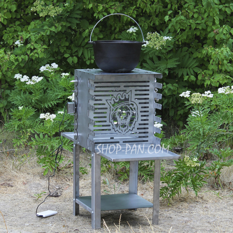 Вертикальный эко мангал SHOP-PAN со встроенной шашлычницей и мотором на ножках из нержавейки