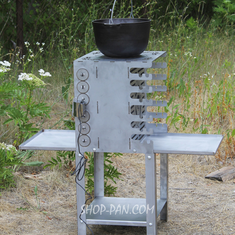 Вертикальный эко мангал SHOP-PAN со встроенной шашлычницей и мотором на ножках из нержавейки