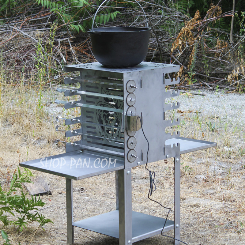 Вертикальный эко мангал SHOP-PAN со встроенной шашлычницей и мотором на ножках из нержавейки