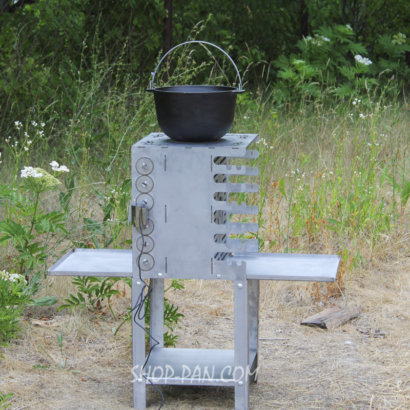 Вертикальный эко мангал SHOP-PAN со встроенной шашлычницей и мотором на ножках из нержавейки