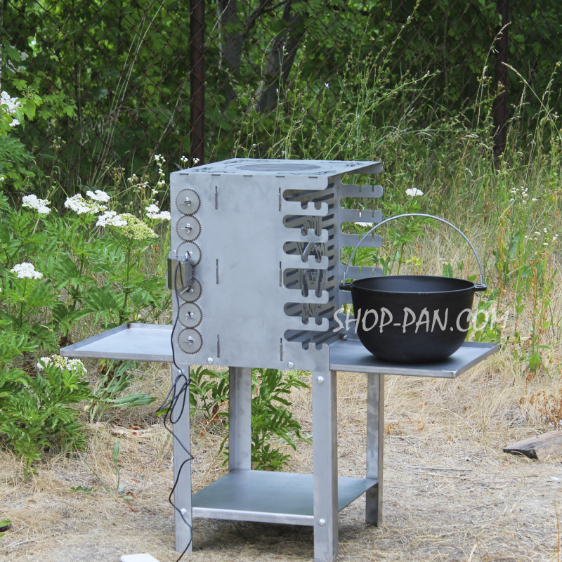 Вертикальный эко мангал SHOP-PAN со встроенной шашлычницей и мотором на ножках из нержавейки