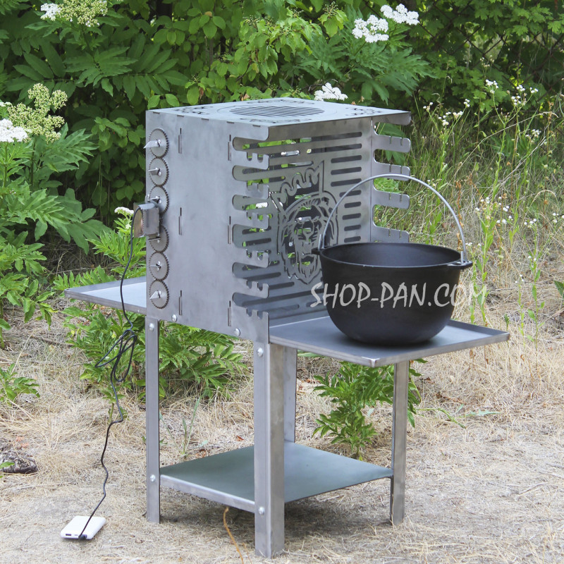 Вертикальный эко мангал SHOP-PAN со встроенной шашлычницей и мотором на ножках из нержавейки