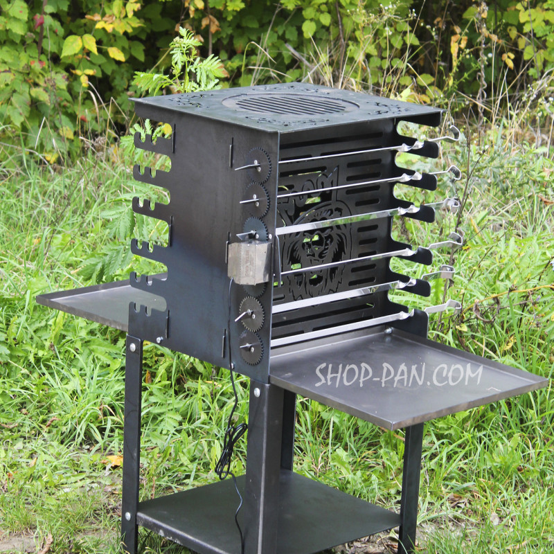 Вертикальный эко мангал SHOP-PAN со встроенной шашлычницей и мотором на ножках