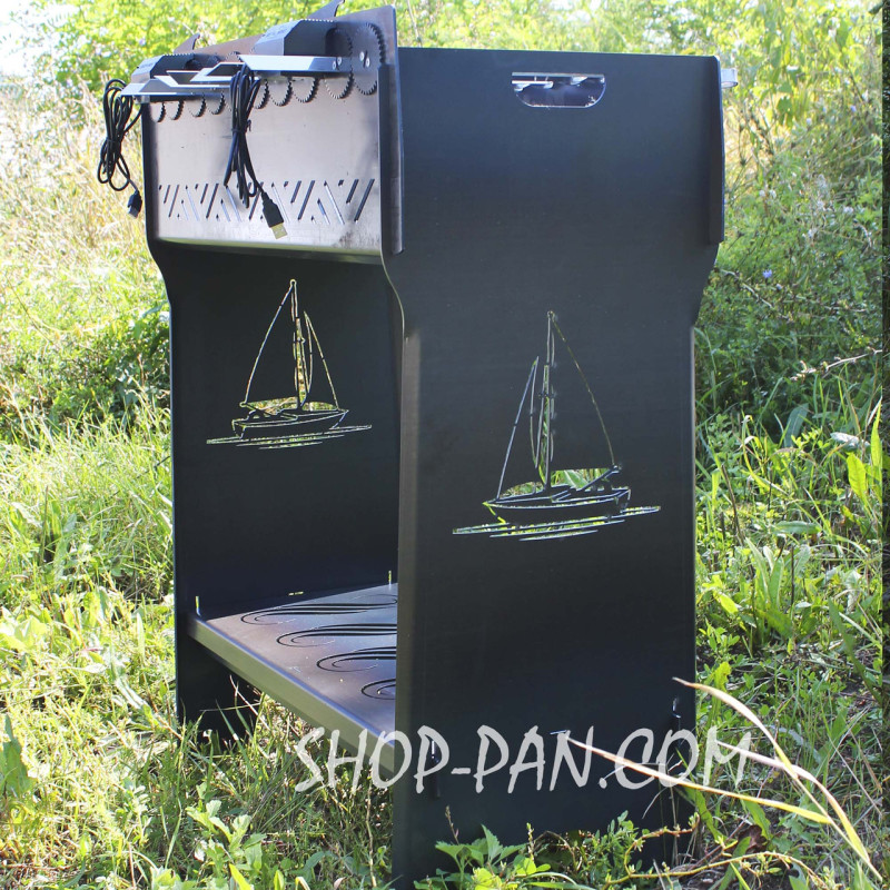 Мангал разборный высокий со встроенной шашлычницей и мотором на 12 шампуров