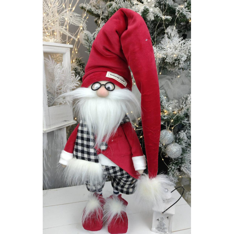 Іграшка мягка новорічна Гном скандинавський 65см в окулярах червоний 