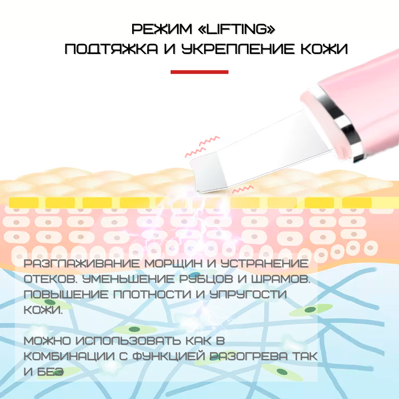 Портативный Ультразвуковой Скрабер Для Чистки Лица, Лифтинга и Фонофореза с Функцией EMS и Разогревающим Эффектом 4in1 Розовый