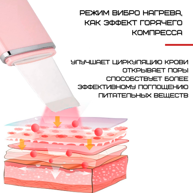 Портативный Ультразвуковой Скрабер Для Чистки Лица, Лифтинга и Фонофореза с Функцией EMS и Разогревающим Эффектом 4in1 Розовый
