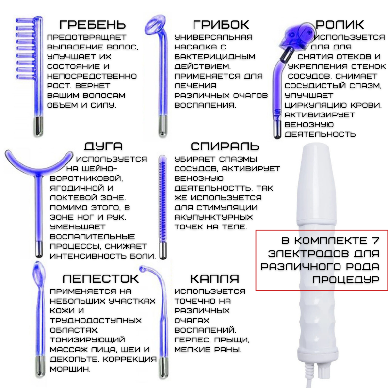 Дарсонваль Для Волос Лица и Тела 7 Электродов Аппарат Дарсонвализации Для Ухода За Кожей в Домашних Условиях