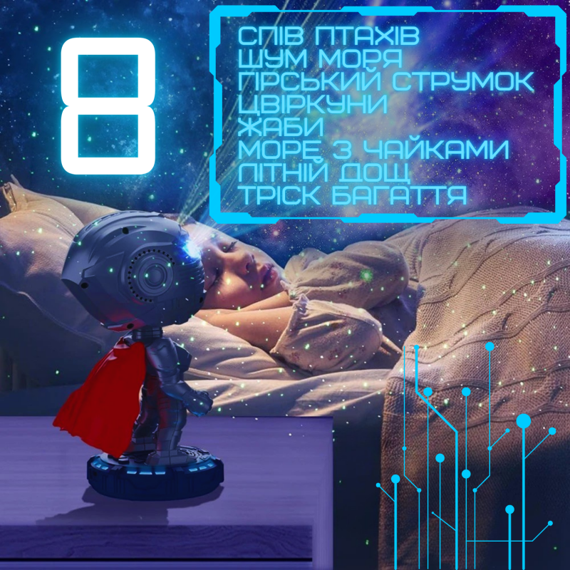 Проектор Зоряного Неба з Bluetooth Колонкою + Звуки Природи + LED Підсвічування Світлодіодний Нічник Супергерой Лазерний 8 Режимів Для Дітей та Дорослих