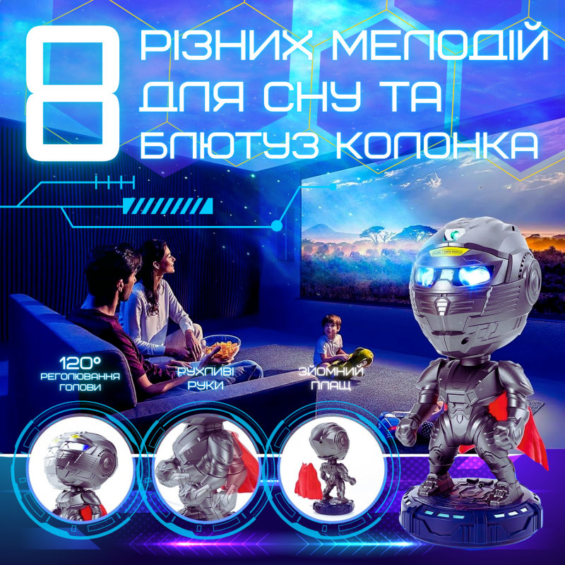 Проектор Зоряного Неба з Bluetooth Колонкою + Звуки Природи + LED Підсвічування Світлодіодний Нічник Супергерой Лазерний 8 Режимів Для Дітей та Дорослих