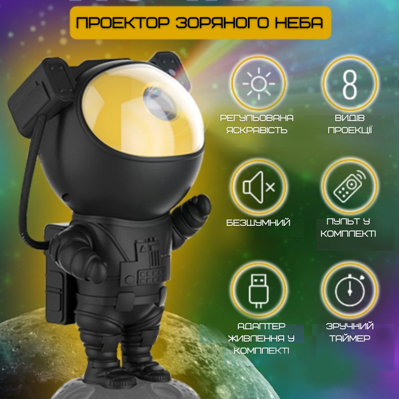 Бездротовий Проектор Нічник Зоряного Неба Космонавт на Акумуляторі з Пультом Управління 8 Режимів + 5 Швидкостей + Таймер Білий
