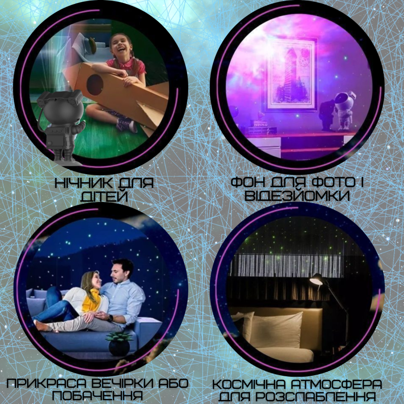 Бездротовий Проектор Нічник Зоряного Неба Космонавт на Акумуляторі з Пультом Управління 8 Режимів + 5 Швидкостей + Таймер Білий