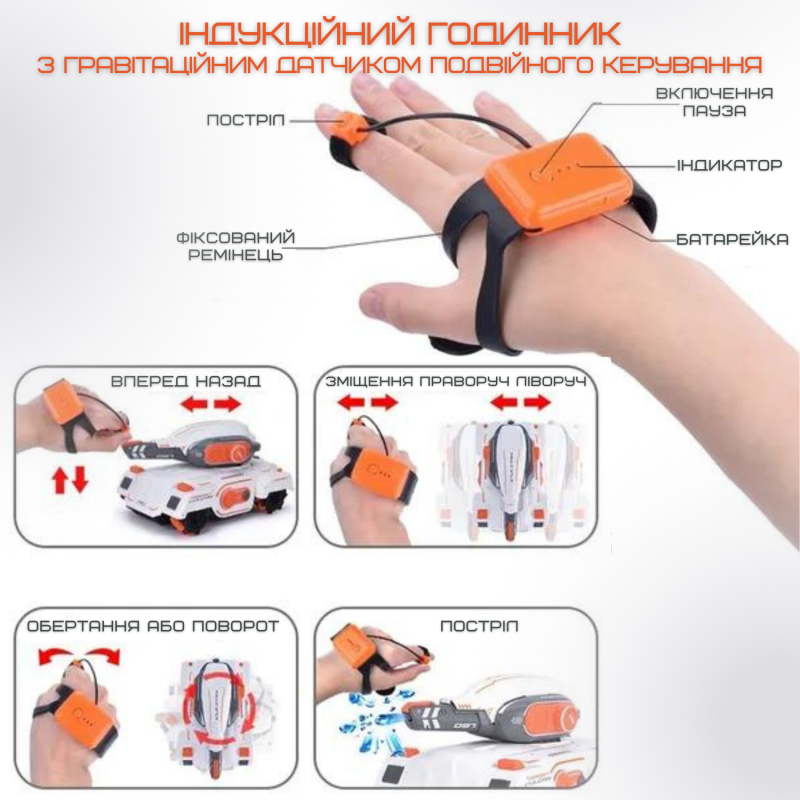 Танк Стріляючий Орбізами на Годиннику та Пульті Керування з LED Підсвічуванням + Музика та Демо Режим Іграшка Танк Радіокерований на Гідрогелі та Акумуляторі Stunt Car Білий