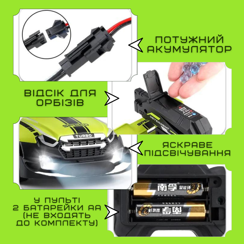 Гоночная Машинка Скоростная Радиоуправляемая на Аккумуляторе с Шариками Орбизами и LED Подсветкой Зелёная