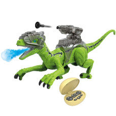 Игрушка Динозавр Радиоуправляемый с Паровым Эффектом Интерактивный Робот на Аккумуляторе со Светом и Звуком Велоцираптор Зеленый 52 см