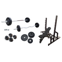 Скамья PE208 + Стойки Black Rock + 4 грифа + Набор металлических обрезиненных дисков 120 кг