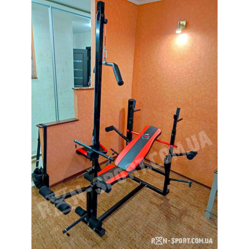 Скамья с верхней тягой + 4 грифа + 75 кг дисков с ABS покрытием