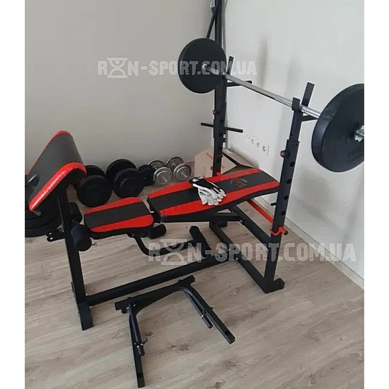 Скамья для жима с верхней тягой и тренажерами + штанга 75 кг RN-Sport