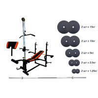 Скамья для жима с верхней тягой и тренажерами + штанга 75 кг RN-Sport