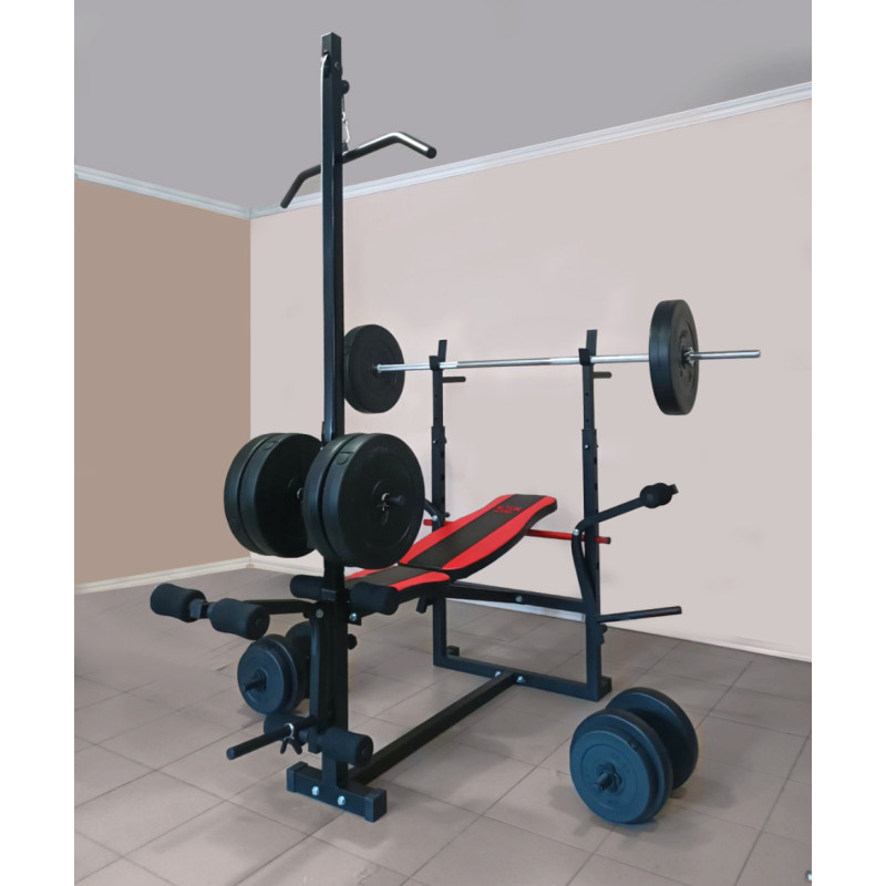 Скамья для жима с верхней тягой и тренажерами + штанга 75 кг RN-Sport