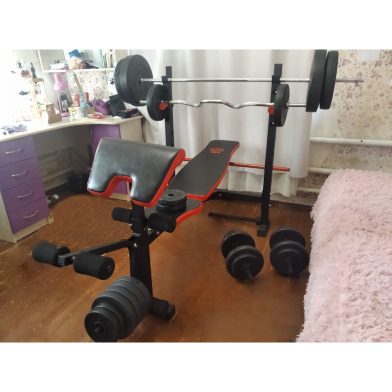 ТОП! Скамья для жима ReadMeBlack + Штанга 83 кг, гриф W, гантели RN-Sport