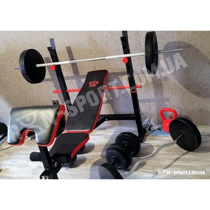 ТОП! Скамья для жима ReadMeBlack + Штанга 83 кг, гриф W, гантели RN-Sport